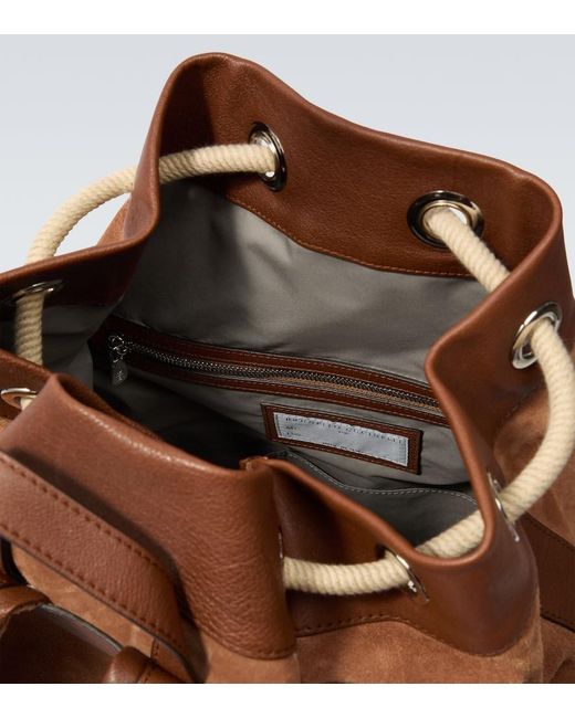 Brunello Cucinelli Brown Leather-Trimmed Suede Backpack for men
