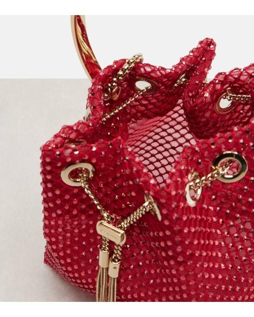 Jimmy Choo Red Bon Bon Small Embellished Satin Bucket Bag