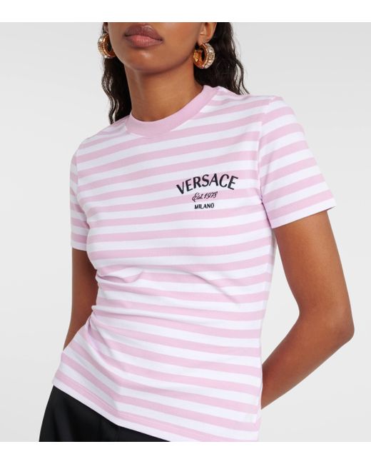 T-shirt raye en coton melange Versace en coloris Pink