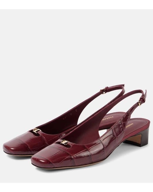Ferragamo Red Croc-Effect Leather Slingback Pumps