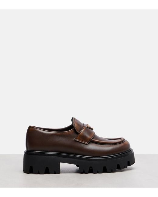Prada Brown Logo Leather Platform Loafers