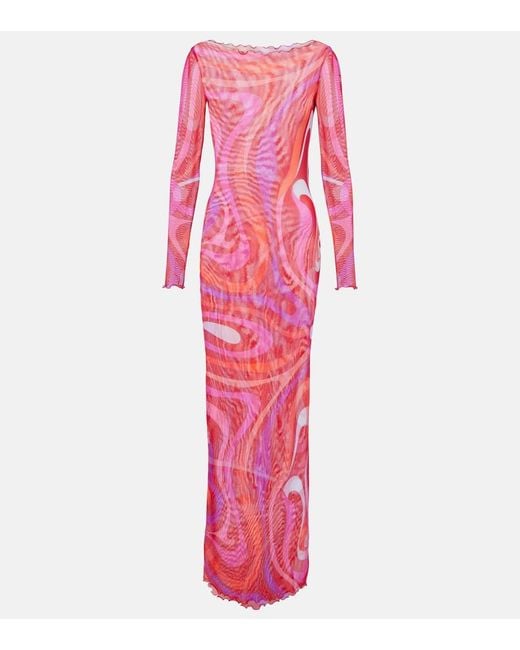 Emilio Pucci Pink Marmo Sheer Tulle Maxi Dress