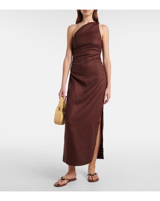 Faithfull The Brand Brown Jomana One-Shoulder Linen Midi Dress