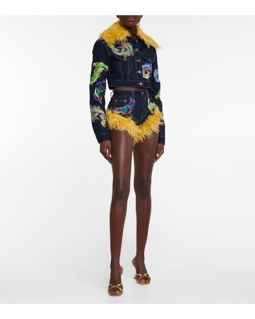 Area Blue Mohair-Trimmed Cropped Denim Jacket