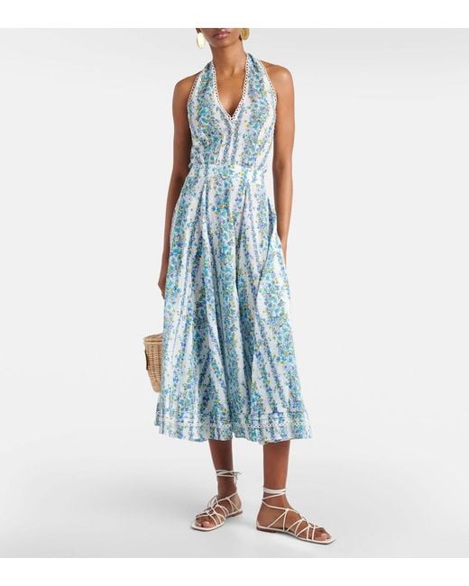 Poupette Blue Beth Floral Halterneck Cotton Midi Dress