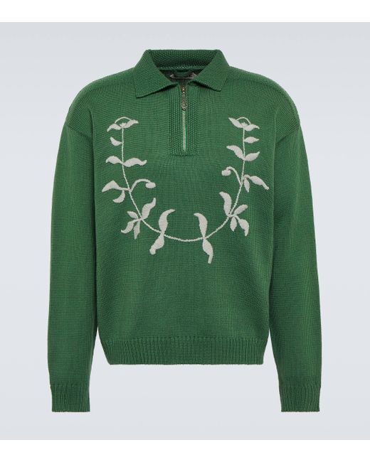 Bode Green Embroidered Wool Polo Sweater for men