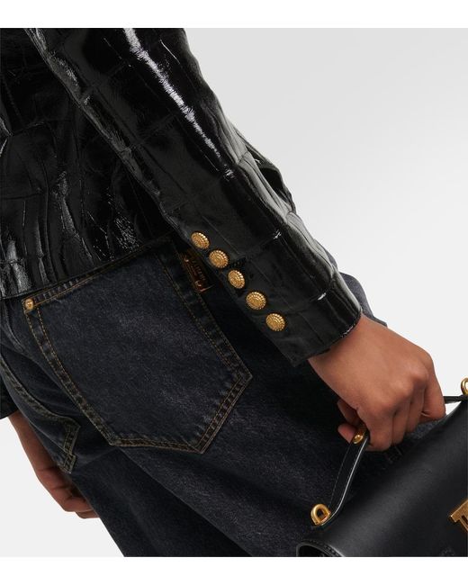 Balmain Black Croc-effect Leather Blazer
