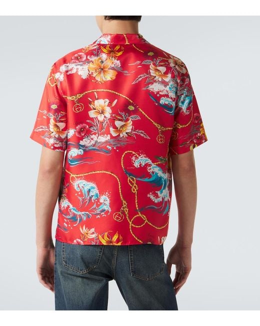Gucci Red Floral Silk Twill Bowling Shirt for men