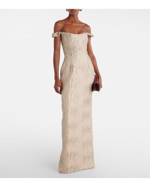 Markarian Natural Yolanda Off-Shoulder Brocade Gown