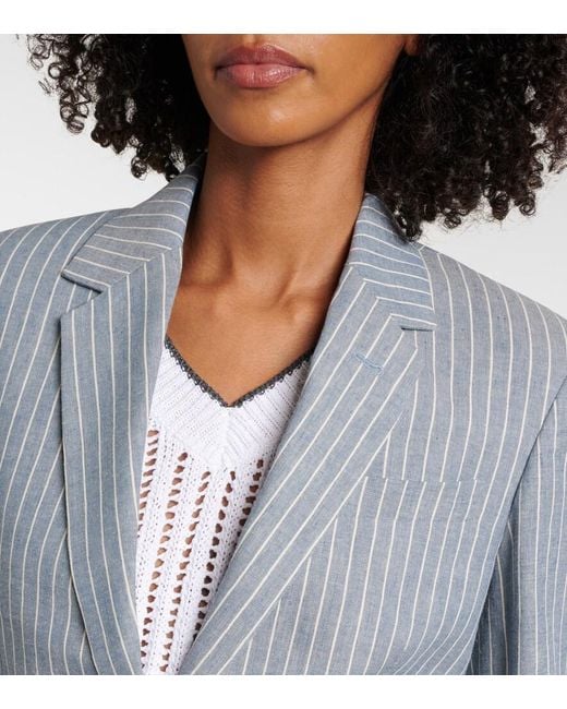 Brunello Cucinelli Blue Pinstripe Linen, Cotton, And Hemp Blazer
