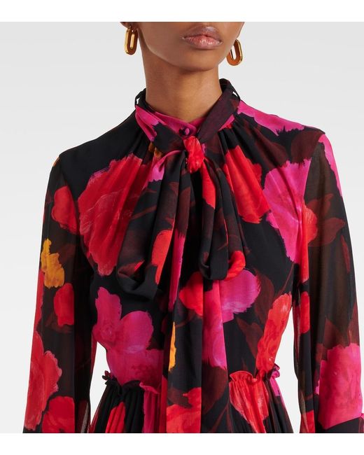 Erdem Red Floral Pleated Voile Gown