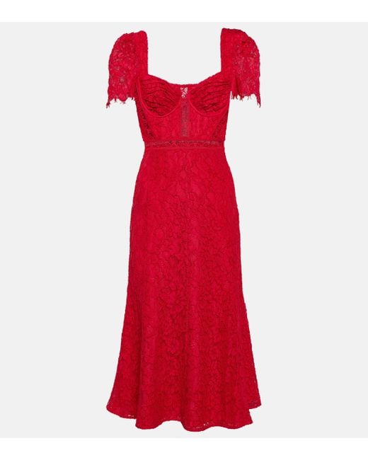 Self-Portrait Red Lace Crepe Midi Dress