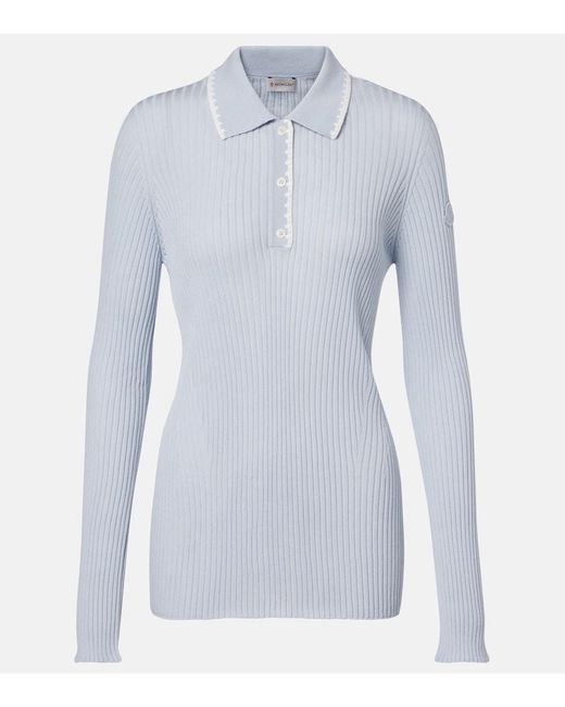 Moncler Blue Ribbed-Knit Virgin Wool Polo Sweater