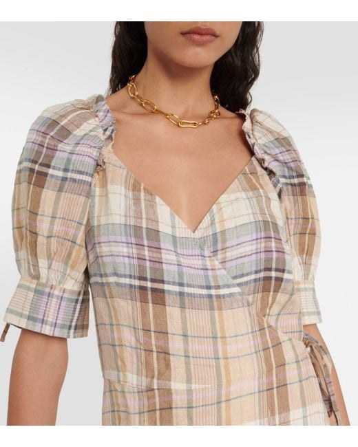 Polo Ralph Lauren Natural Puff-sleeve Plaid-pattern Linen Midi Dress
