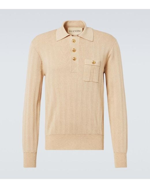 Valentino Natural Ribbed-Knit Cotton Polo Sweater for men