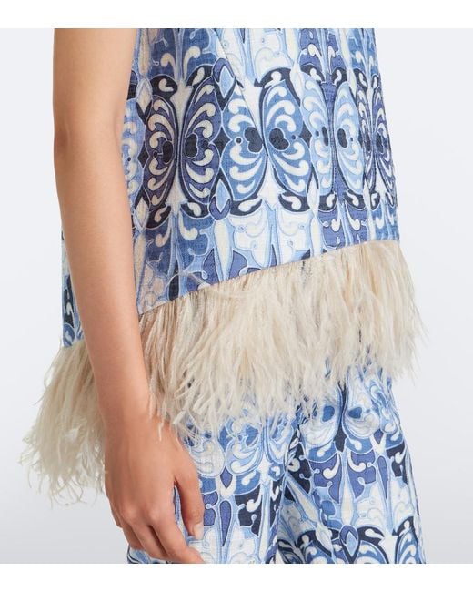 LaDoubleJ Blue La Scala Feather-Trimmed Cotton Top