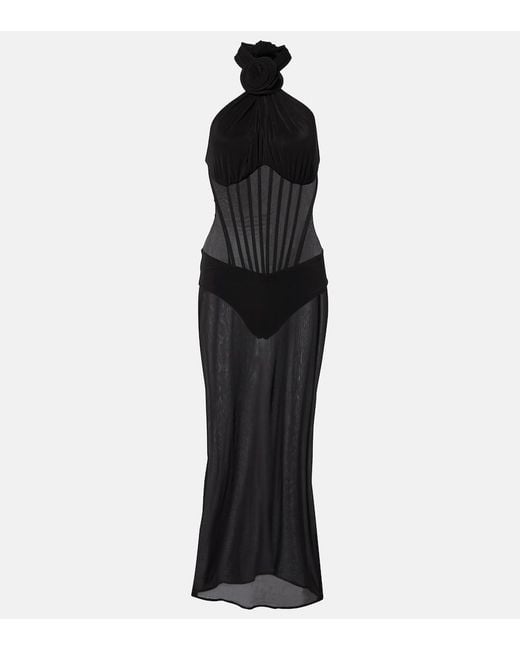 Magda Butrym Black Floral-Applique Sheer Cocktail Dress