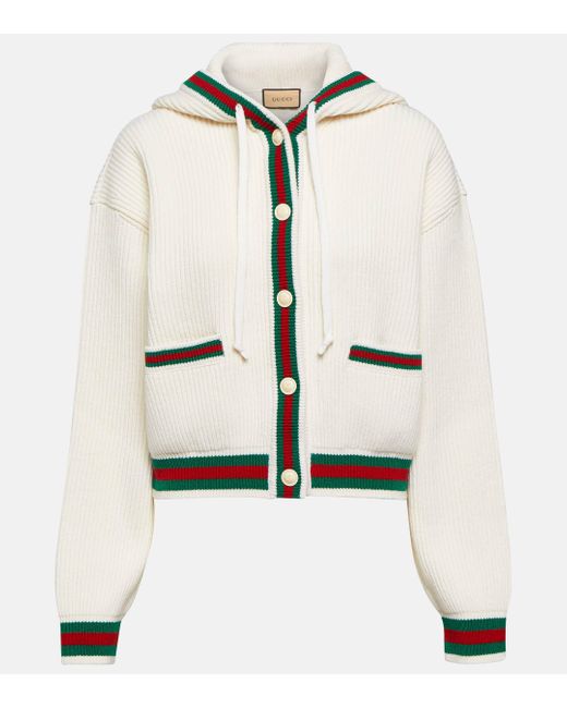 Gucci White Web Stripe Ribbed-knit Wool Cardigan
