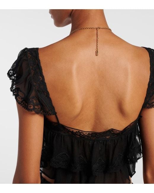 Chloé Black Lace-Trimmed Silk Muslin Bra Top