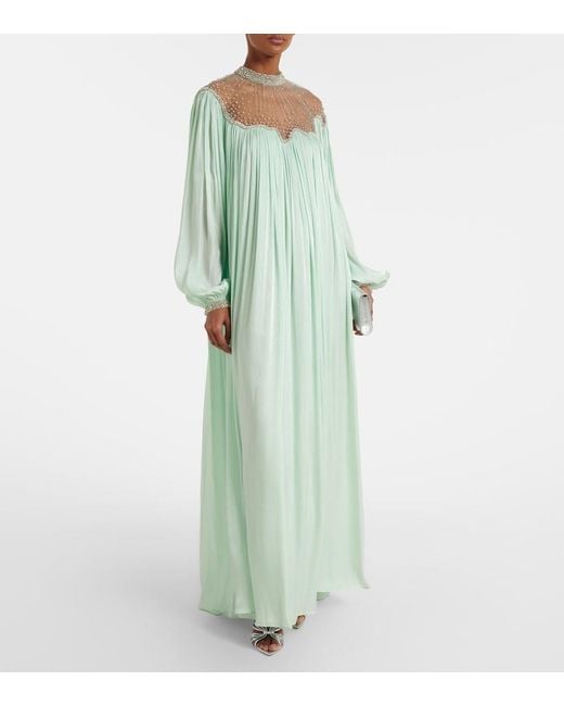 Costarellos Green Elline Embellished Pleated Gown