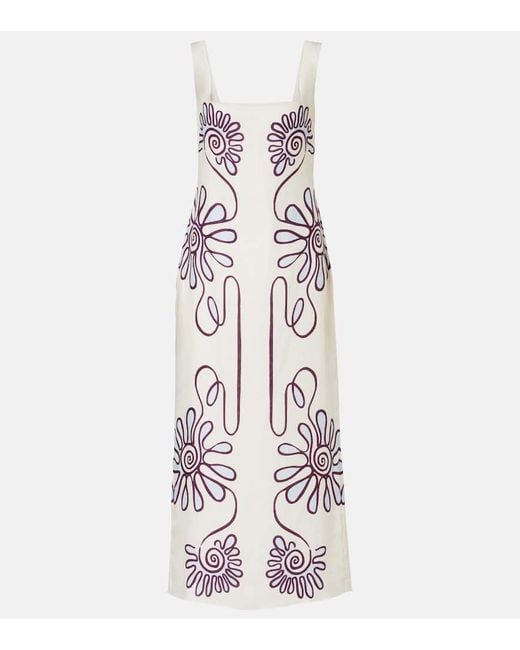Cala De La Cruz White Bedrucktes Midikleid Amaranta Aus Leinen
