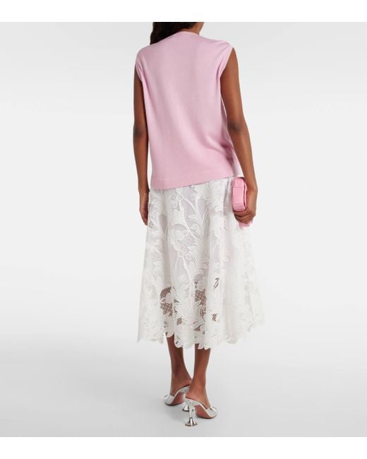 Oscar de la Renta Pink Floral Lace-trimmed Silk-blend Top
