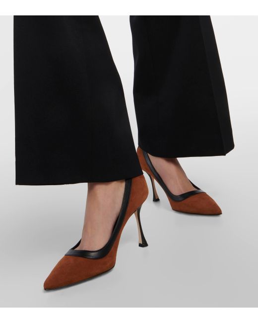 Manolo Blahnik Brown Dalina 90 Leather-trimmed Suede Pumps