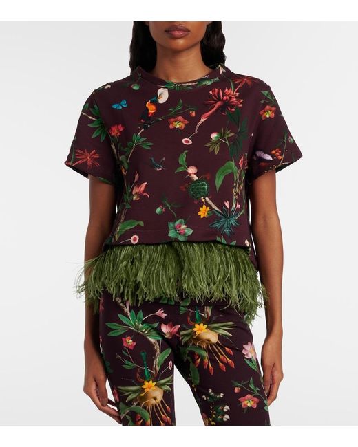 LaDoubleJ Red La Scala Feather-Trimmed Printed Cotton T-Shirt