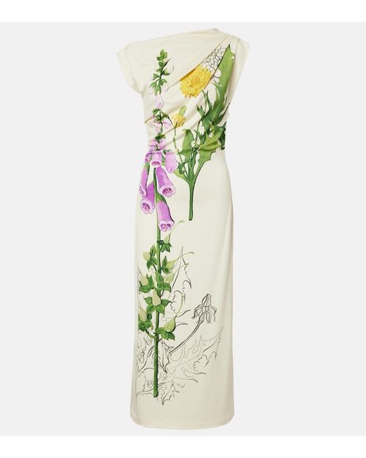 Oscar de la Renta Green Draped Printed Jersey Midi Dress