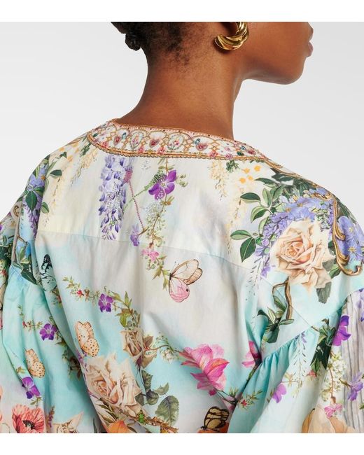 Camilla Multicolor Tie-Front Puff-Sleeve Crop Top