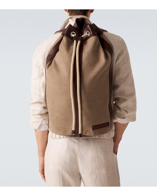 Brunello Cucinelli Brown Leather-Trimmed Canvas Backpack for men