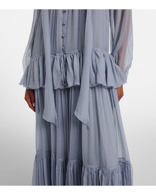 Chloé Blue Ruffled Silk Muslin Maxi Dress