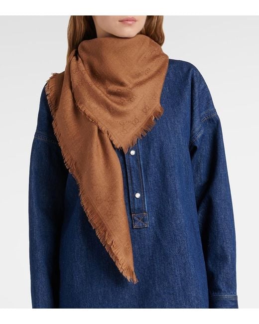 Gucci Brown Gg Wool And Silk Jacquard Scarf