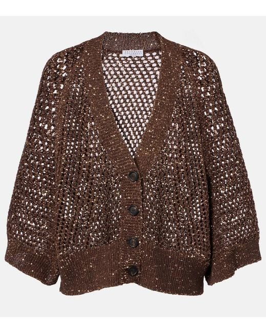 Brunello Cucinelli Brown Open-Knit Sequined Cardigan