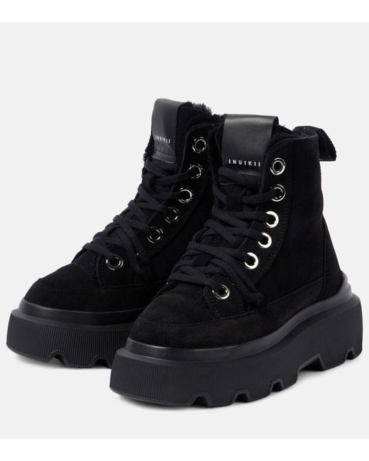Inuikii Black Matilda Shearling-Lined Suede Lace-Up Boots