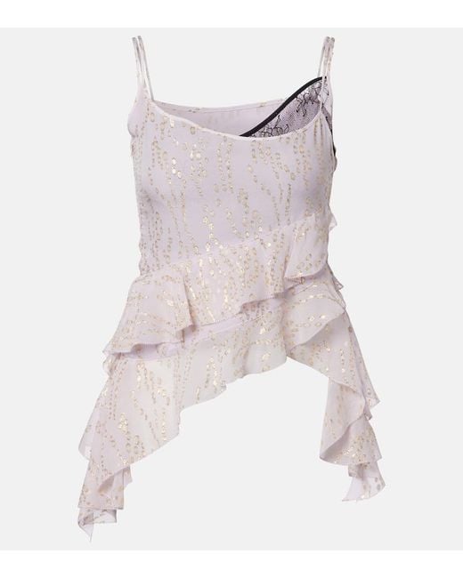 JACQUES WEI Pink Printed Ruffled Asymmetric Silk-Blend Top