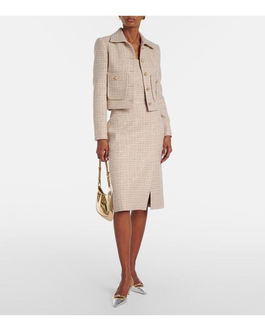 Elie Saab Natural Checked Sequined Tweed Midi Skirt