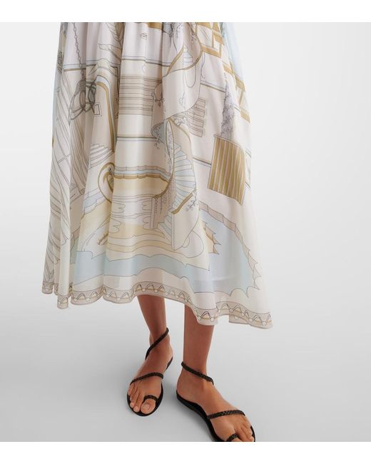 Tory Burch White Printed Shirred Silk And Cotton Midi Dress