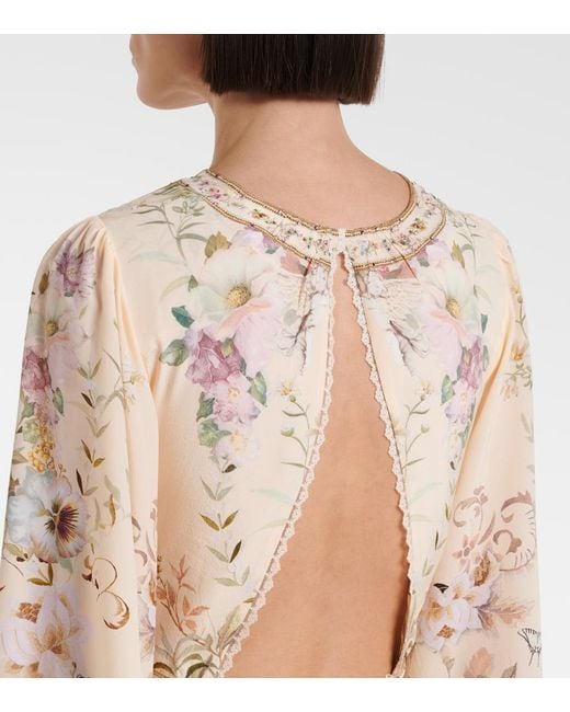 Camilla Natural Embellished Floral Silk Minidress