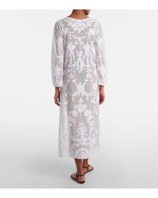 Juliet Dunn White Embroidered Sheer Cotton Kaftan