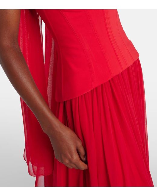 Monique Lhuillier Red Vermilion Crepe And Chiffon Corset Gown