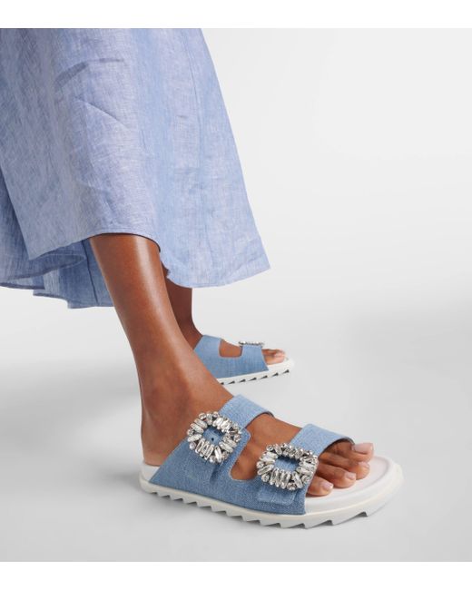 Roger Vivier Blue Slidy Viv' Embellished Denim Sandals