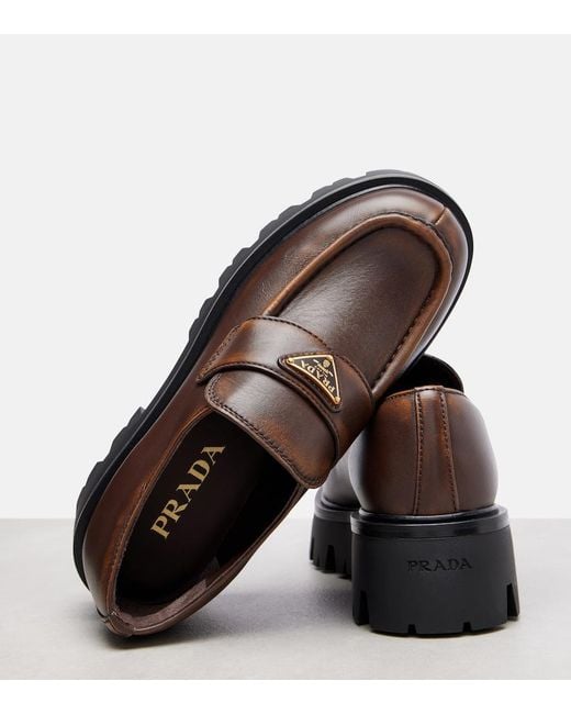 Prada Brown Logo Leather Platform Loafers
