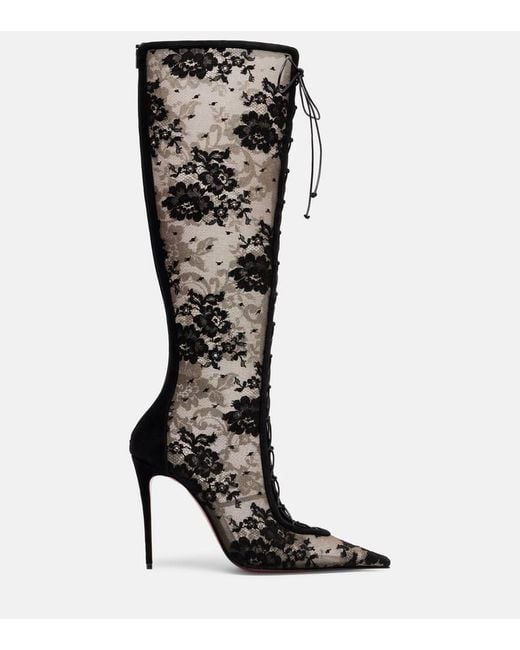 Christian Louboutin Black Km 100 Lace-Trimmed Leather Knee-High Boots