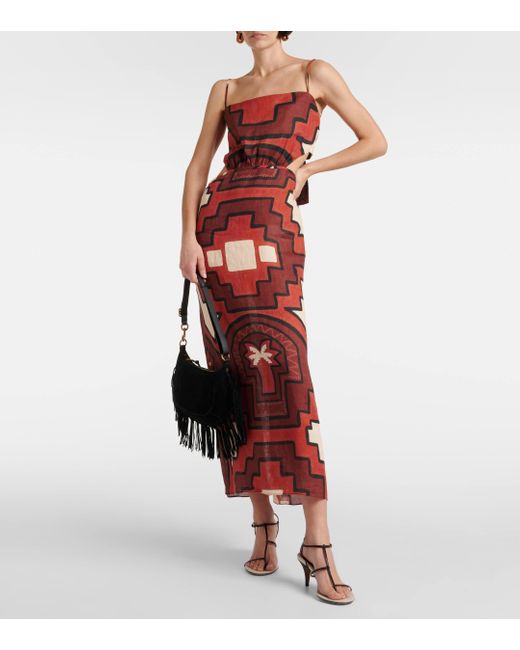 Johanna Ortiz Red Printed Cutout Linen Midi Dress