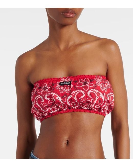 Top Bandeau De Popelin De Algodon Y Lino Miu Miu de color Red