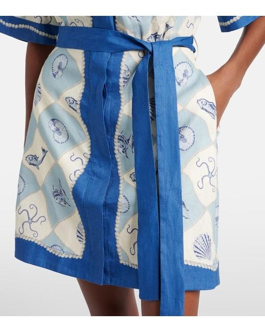 ALÉMAIS Blue Printed Linen Shirt Dress