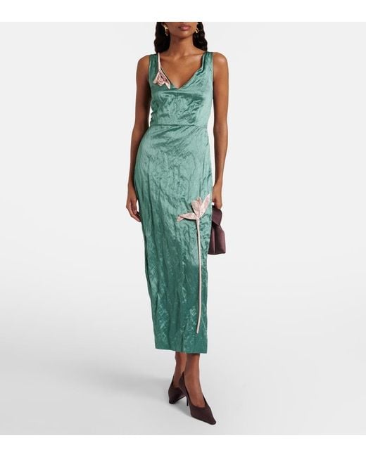 Erdem Green Floral-Applique Satin Midi Dress