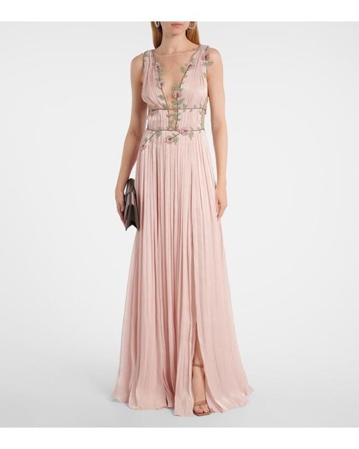 Costarellos Pink Nalina Embellished Tulle-Trimmed Lamé Gown