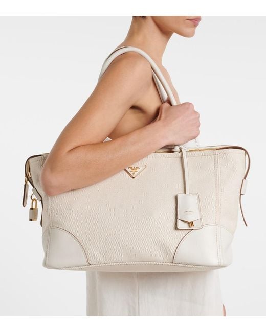Prada White Large Leather-Trimmed Canvas Tote Bag